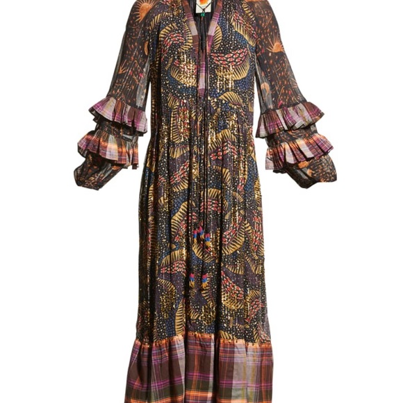 Farm Rio "Black Wild Bananas" printed dress with plaid ruffles and trim - Picture 4 of 5